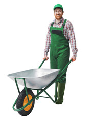 Happy gardener posing with a wheelbarrow