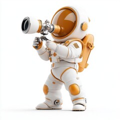 Naklejka premium Modern 3D depiction of a digital coin character with a telescope exploring the digital world on a white background