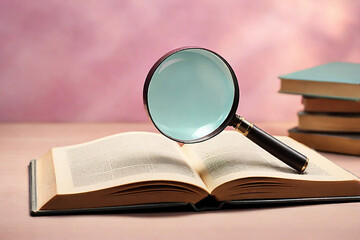 Magnifying glass and books on wooden table, closeup. Education concept