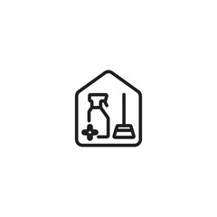 A house with a spray bottle and a broom inside on icon. A line drawing of a house with a spray bottle and a broom inside, representing cleaning, housekeeping, or home maintenance. Editable icon.