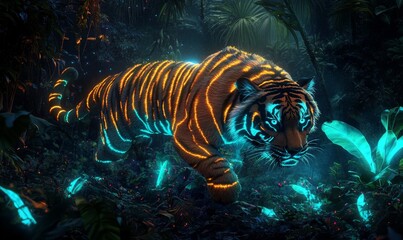 Glowing tiger stalks through neon jungle.
