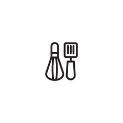 A whisk and spatula on icon. A line drawing of a whisk and a spatula, representing cooking utensils or baking tools. Editable icon.