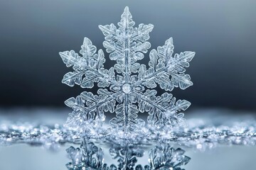 Intricate snowflake on dark background, close up of delicate winter crystal structure