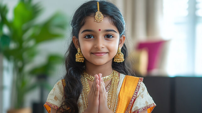 Happy indian girl with traditional ethnic dress showing namaste gesture by looking at camera during festival celebration at home - concept of welcome, greetings and Indian culture