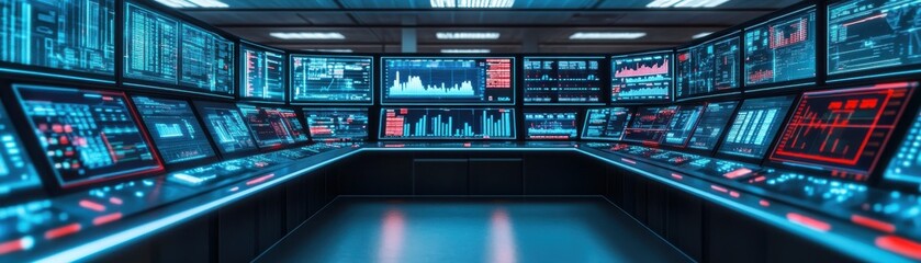 Futuristic control room with multiple screens displaying data and information in an advanced technological environment.