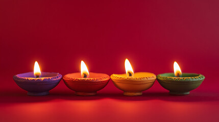 Happy Diwali - Clay Diya lamps lit during Diwali, Hindu festival of lights celebration. Colorful traditional oil lamp diya on red background