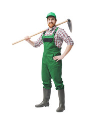 Happy farmer holding a hoe