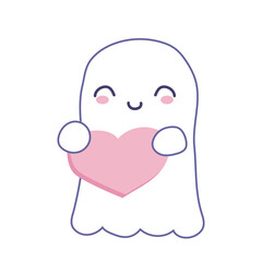 Halloween cute ghost in flat design. Lovely spirit holding heart sign. Vector illustration isolated.