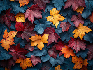 Autumn leaves scattered artistically across a dark blue background, creating a vibrant seasonal tapestry. The color palette is dominated by warm autumn hues contrasted against the cool dark blue...