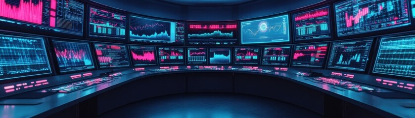 Futuristic control room with numerous screens displaying data and graphs in a vibrant blue and pink color scheme.