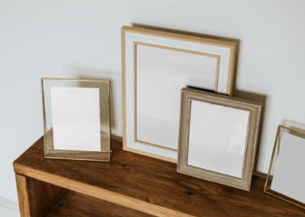 Png picture frame mockups, wooden shelf