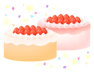 いちごがたっぷり乗ったホールケーキのセットと紙吹雪のイラスト

