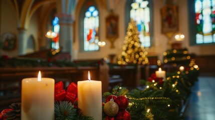 Elegant Christmas service background with a church interior and decorations