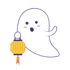 Halloween cute ghost in flat design. Spooky spirit holding lantern. Vector illustration isolated.