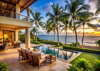 Fototapeta premium Sweeping ocean views meet stunning palm-lined facade, while a spacious patio extends outdoor living in this luxurious