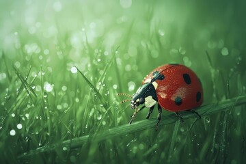 Ladybug crawling on dew covered grass in lush green field