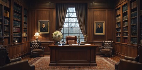 A Luxurious Library with Mahogany Walls, Leather Chairs, and Bookcases Filled with Books