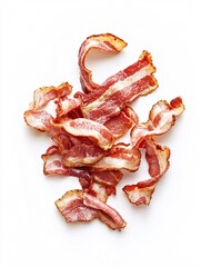 Crispy strips of savory meat rest on a pristine backdrop, perfect for enticing breakfast visuals or culinary presentations.