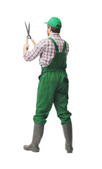 Professional gardener using hedge shears