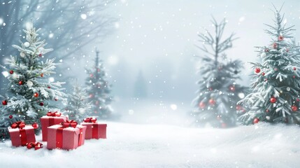 Festive newsletter background with snow-covered trees and gifts