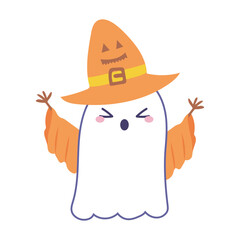 Halloween cute ghost in flat design. Spooky spirit in witch hat scaring. Vector illustration isolated.