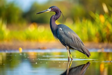 Fototapeta premium The black egret's striking white chest feathers glisten as it stands effortlessly in the shallow waters of a