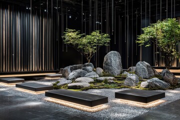 Japanese zen garden with rocks, plants, and water feature in modern minimalist setting