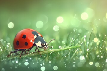Ladybug crawling on dewy grass blade, nature closeup with bokeh