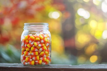 A transparent jar brimming with vibrant tri-colored confections captures the spirit of autumn festivities.