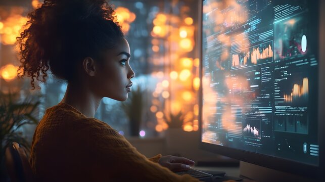 Remote work setup with African American woman multitasking, diverse team displayed on large holographic video call screen, warm home office setting, [realism], [pastel colors], [digital sketch], [tech - Powered by Adobe