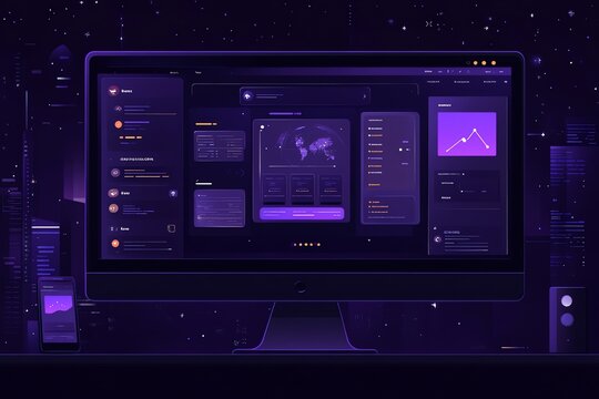 Desktop computer screen with a dark interface showing a world map, data charts, and graphs.