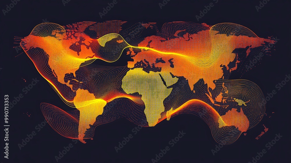 Poster abstract world map with glowing lines and continents.