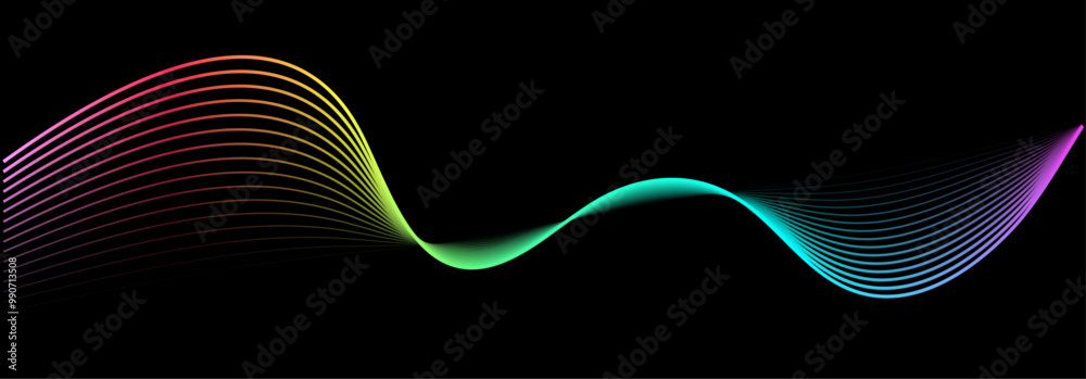 Poster Abstract vector wavy lines pattern flowing smooth rainbow gradient color. Vector design template for AI, science, music, technology. 