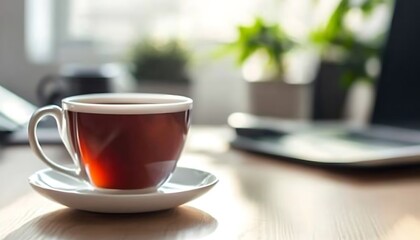 Fototapeta premium A Cup of Coffee on a Wooden Desk