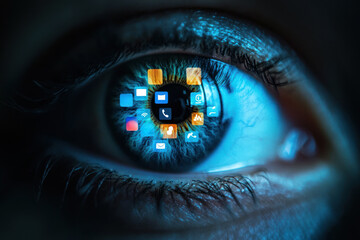 Human eye with digital icons and technological elements
