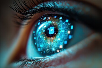 Digital icons inside eye symbolizing tech immersion.