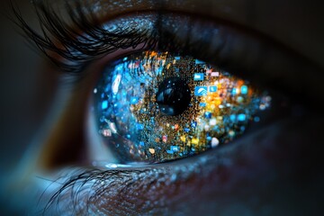 Close-up of an eye reflecting digital icons and lights.