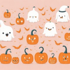Cute Halloween ghosts with beautiful kind pumpkins in delicate colors.
