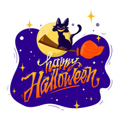 Happy Halloween. Black smiley cat on broomstick flying on background full moon. Vector illustration for spooky holiday night