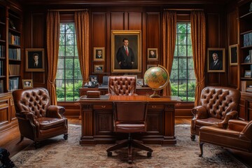 A Traditional Study Room with Leather Chairs, a Globe, and Portraits