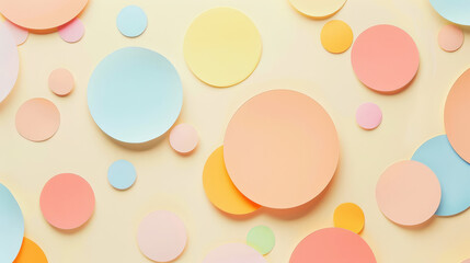 Aesthetic pastel minimalist background with paper circles, dots of different colours. Web banner template. Generative AI