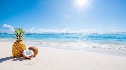 Obraz premium Tropical Paradise in Hawaii - Coconut and Pineapple on White Sandy Beach Under Bright Sunlight with Palm Trees and Sparkling Ocean Waves