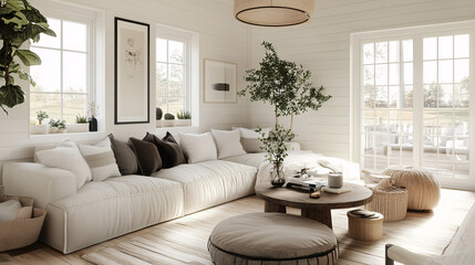 Naklejka premium Bright and airy modern farmhouse living room with white shiplap walls, a plush beige sofa, and a mix of wood and metal decor elements. Indoor plants add a touch of greenery to the space