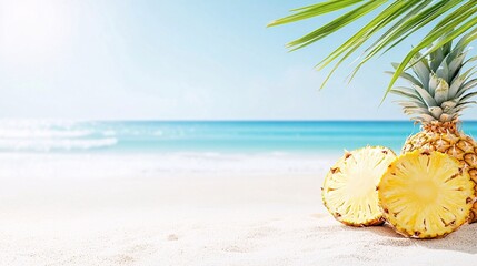 Obraz premium Tropical Paradise in Hawaii - Pineapples and Papayas on Golden Sand with Families Surfboards and Coconut Palms Under a Cool Ocean Breeze