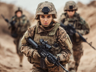 Fototapeta premium Female soldier leading her squad during a military mission.