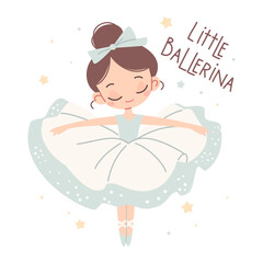 Flat vector illustration in children's style. Cute ballerina dancing on white background. Print to print, lettering a little ballerina . Vector illustration