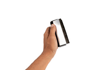 Male hand holding a vinyl brush cleaner for vintage records isolated no background