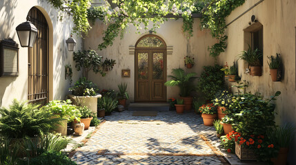 Naklejka premium Charming Mediterranean garden courtyard with mosaic tiles, lantern-style lighting, and a mix of potted plants and greenery