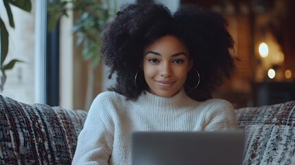 African American woman enjoying remote work, virtual meeting with global colleagues, flexible and inclusive work culture, modern tech setup, casual workday