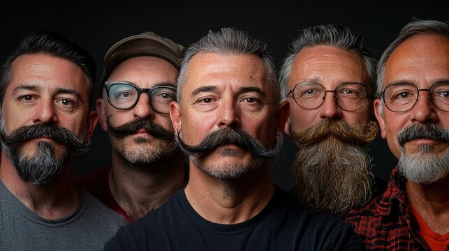 Movember mustaches creatively highlight men's health awareness through diverse styles and expressions in a striking high-quality image. - Powered by Adobe